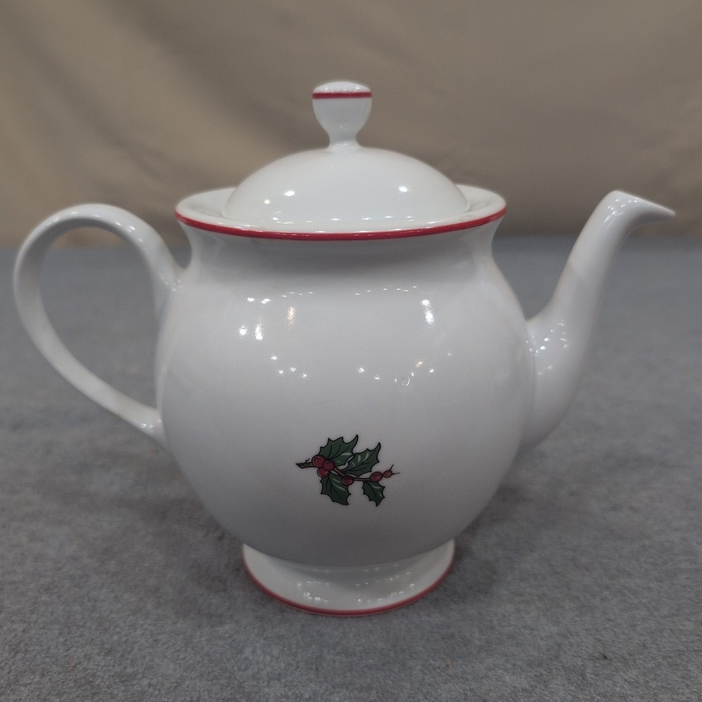 Cuthbertson American Christmas Tree Ceramic Teapot White Red Trim Holiday Decor - Picture 4 of 5